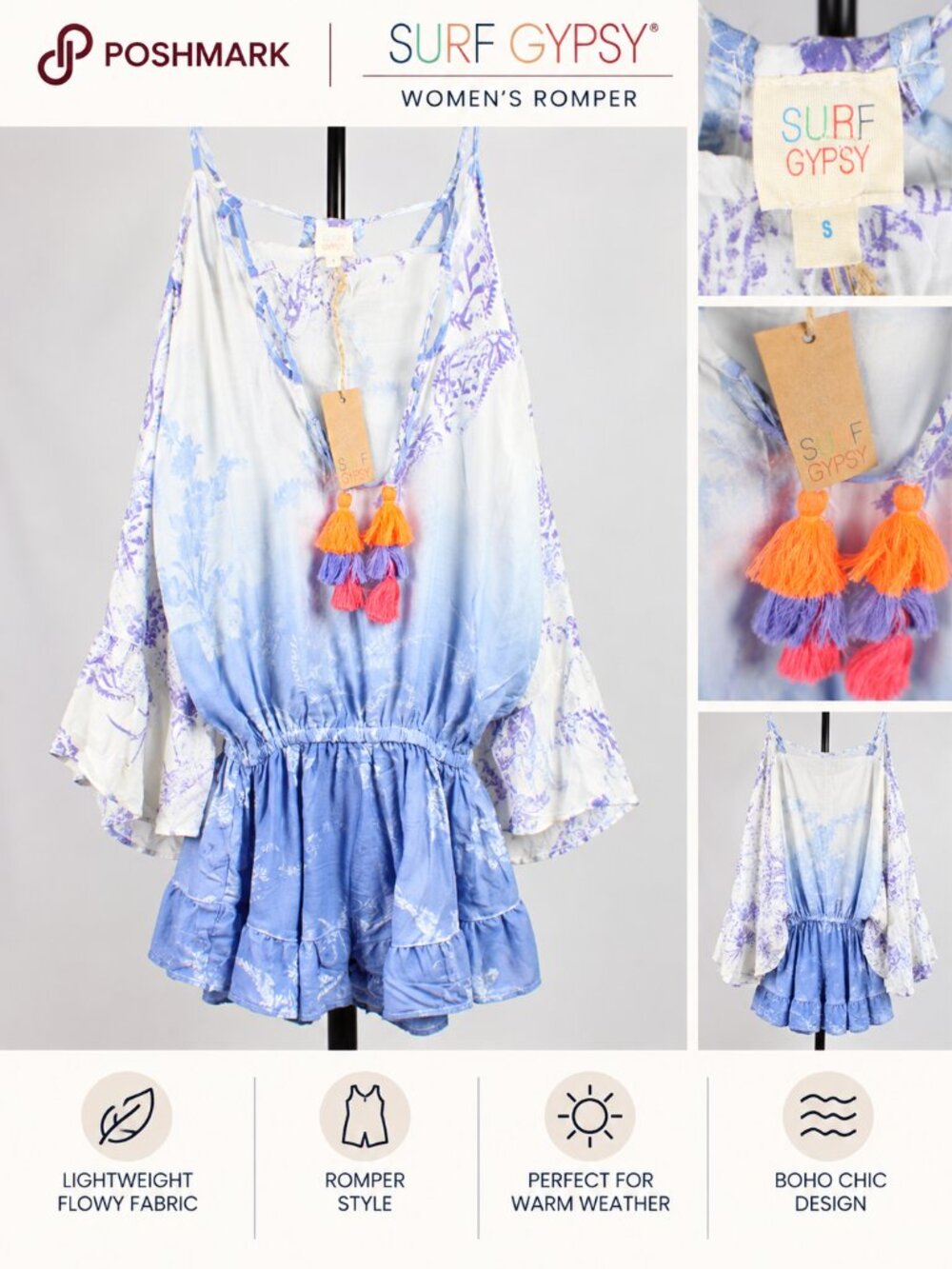 NWT Surf Gypsy Blue Paisley Ombre Bell Sleeve Tassel Romper Small S